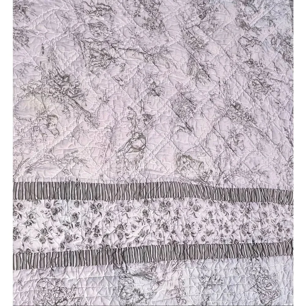 PINE CONE HILL Gray & White Toile Quilted Bedspread